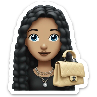 a girl with fair skin, straight black hair, blue eyes, with a Chanel handbag in her hand, stands sticker