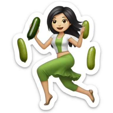 white woman with black long straight hair dancing salsa while eating pickles with a shihtzu sticker