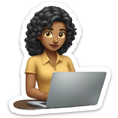 Indian woman working on laptop with long black curly hair sticker