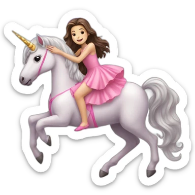 A brunette girl in pink dress ride a unicorn on a rainbow sticker