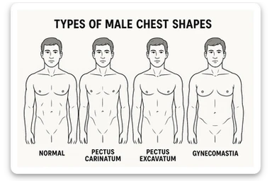Make image of types of male chest shapes, few examples sticker