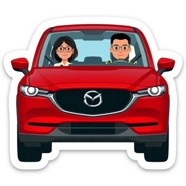 camioneta mazda cx 5 roja con una conductora mujer con lentes de cabello negro y un copiloco hombre de pelo corto negro y lentes, todo en caricatura sobre una avenida principal con paisaje verde sticker