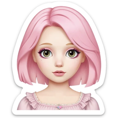 Blonde woman with pastel pink hair, pale skin, doll-like appearance, ThatPoppy music artist sticker