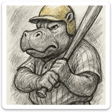 hippo holding a baseball bat, wearing a yellow helmet, pinstripes outfit sticker