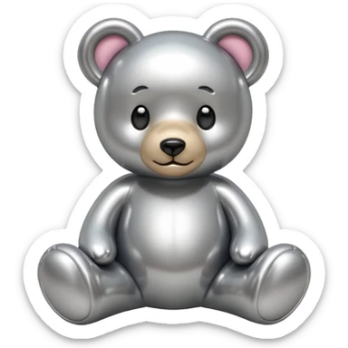 A cute teddy bear emoji made of liquid silver chrome, smooth rounded body, glossy metallic surface, soft reflections, friendly proportions, iOS emoji style, centered, clean white background sticker