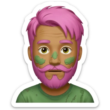 pink haired man with full full face dirty messy green clay mask and beard sticker