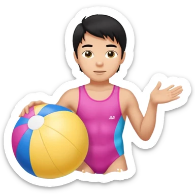 Hawaiian boy with black hair with pink highlights and a swimsuit, with beach ball sticker