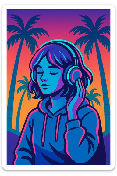 vaporwave chill girl, neon accents, palm trees, sunset gradient, headphones, relaxed vibe sticker