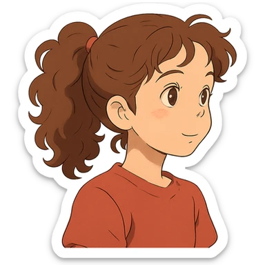 girl with brown curly hair in a ponytail, brown eyes, brown hair, ghibli style sticker