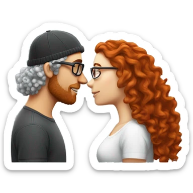 Red haired white couple kissing. Woman long hair with beanie. Man curly hair with glasses. sticker