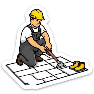 Moldovan builder laying floor tiles, construction worker with tools sticker