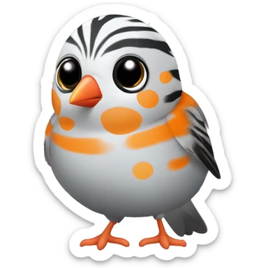Zebra finch with orange circles on cheeks, grey body, white chest, with black tail, black eyes, and orange feet. Finch sticker