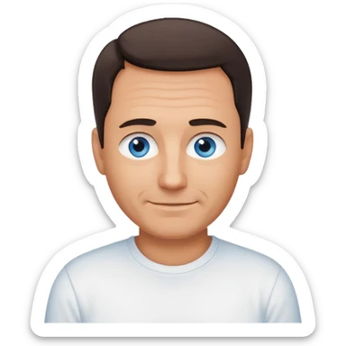 Middle aged man with tanned skin, receding dark hair and no beard, blue eyes, shy smile sticker