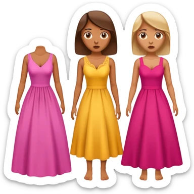 Woman standing with two dresses, looking confused, like she doesn't know what to wear sticker
