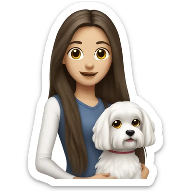Brunette girl long hair holding a white  Maltese dog sticker