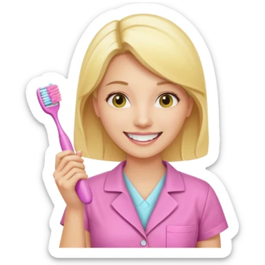 dentista mulher, loira, pele branca, camisa rosa, segurando uma escova de dentes amarela e sorrindo transmitindo verdade e confiança sticker