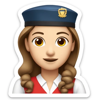 A white stewardess with long brown hair and brown eyes  in a red uniform and a red beret sticker