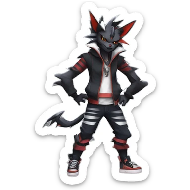 Cool Anthro Black Noivern-Absol-Litten-Pokémon with edgy stripes hoodie spiked collar punk Full Body sticker