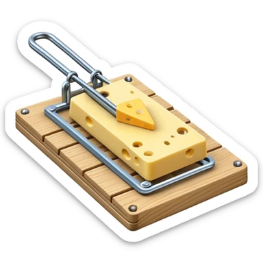 A 3D emoji in iOS emoji aesthetic style of a classic mousetrap with a wooden base and a metal spring mechanism, holding a small piece of yellow cheese, clean and detailed design, white background, glossy Apple-style rendering sticker