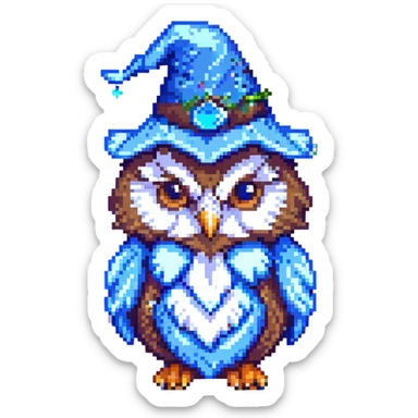 cute owl with a blue wizard hat in pixel art style sticker