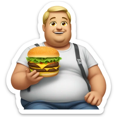 A very obese  person eating a burger sticker