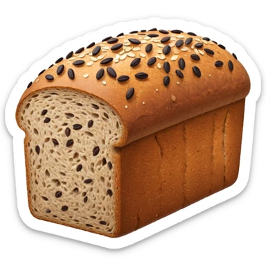 dense rectangular loaf of whole grain bread with dark brown crust, coarse textured surface speckled with seeds, slightly domed matte top, rustic hearty look, one or two thick slices beside it revealing grainy compact crumb, no plate, knife, or extras, soft lighting, subtle shadows, emoji scale sticker