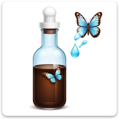 Small dark brown bottle with white cap floating next to a bright translucent butterfly-shaped thyroid icon, representing connection with metabolism and hormonal system sticker