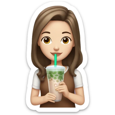 White girl with brown hair and brown eyes drinking bubble tea sticker