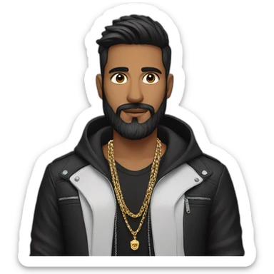An Indian man with beard wearing men silver chain,styled on a black jacket sticker