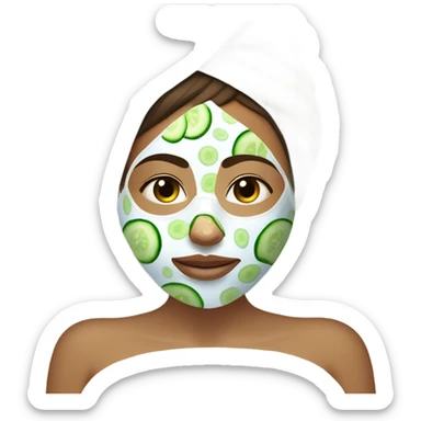 Girl with freackles Brown hair white skin and blue eyes wears Green colored texture skin care mask while She relaxes and puts two round piece of cucumber on her closed eyes In a white Robe sticker