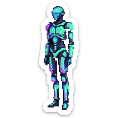 Pixelated future human with neon highlights, tech-enhanced body, and holographic elements sticker