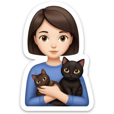 a brunette girl with short hair holding a black and brown cat sticker