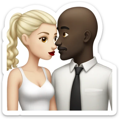White girl dark hair red lips kissing bald black man sticker