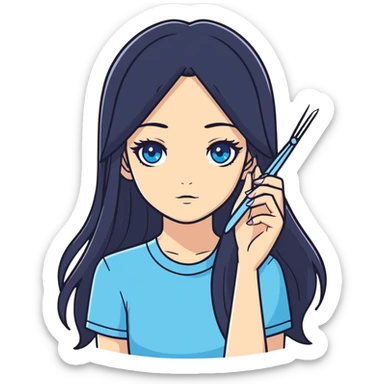 Girl lash-maker, long black hair, blue eyes, with two tweezers for eyelash extensions sticker