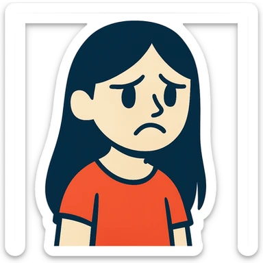 pale girl with long black hair, sad expression, vibrant toon style sticker