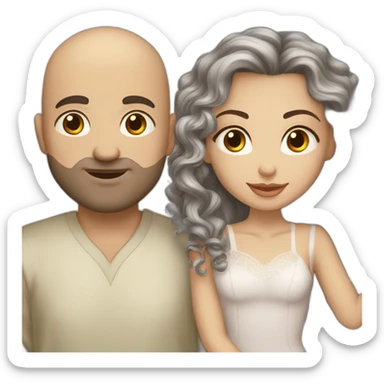 caucasian bald man with grey eyes and a caucasian woman with long curly dark hair and brown eyes kissing sticker