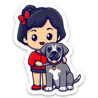 Fashionable girl with black hair and red lips with a Cane Corso dog sticker