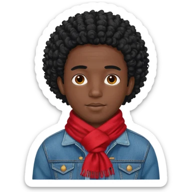 black skin man, curly black hair wear red scraft, jean jacket sticker