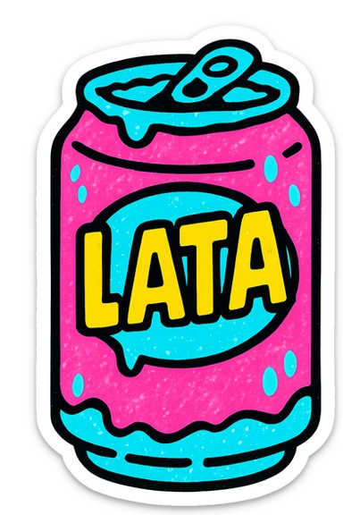 a pink beverage can with frosty details, 'Lata' branding, energetic and modern look sticker