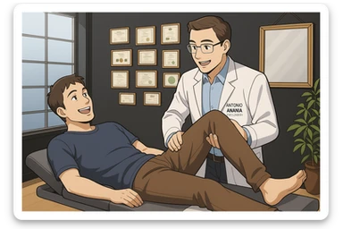 su questo lettino rappresenta un webtoon manga a colori con questo stile, in cui un uomo è steso sul lettino medico e il kinesiologo con il camice bianco (fagli anche la scritta "ANTONIO ANANIA" SUL CAMICE, gli solleva una gamba per fargli il test neuromuscolare, IL KINESIOLOGO SPIEGA ALL'UOMO UNA cosa mentre gli alza la gamba. l'espressione dell'uomo è felice e soddisfatta, non fare i fumetti però, fai solo in modo che sembri stiano parlando sticker