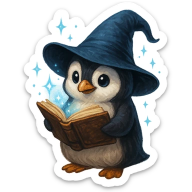 a penguin wizard holding an open spellbook, magical sparkles around, enchanting character illustration sticker