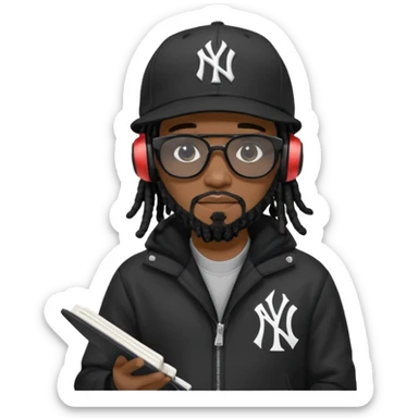 African American man with shoulder length black dreadlocks with black beard wearing black sunglasses wearing a black New York Yankees logo baseball cap wearing a black bubble winter coat wearing headphones writing a rap song in notebook sticker