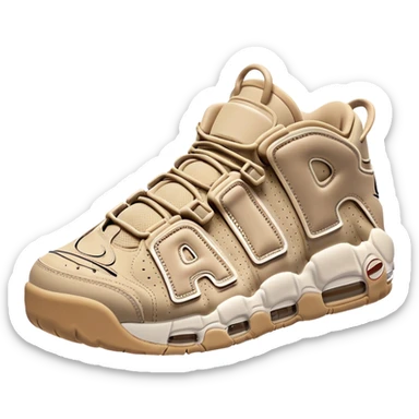 Simple clean pair of beige Nike Air More Uptempo sneakers arranged as a matching pair, minimal detailing but with distinct AIR lettering sticker