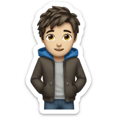 a guy with an emo haircut and brown hair.  He has a blue jacket and blue eyes. sticker