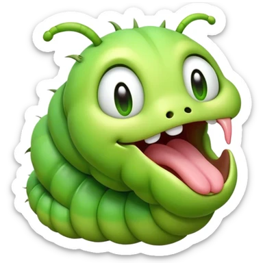 Cinematic Realistic Cute Yawning Caterpillar Portrait Emoji, Head tilted slightly with a dramatic, wide-open yawn, showcasing a soft, downy segmented body in vivid green with subtle drooping and half-closed, drowsy eyes, rendered with intricate natural texture and gentle shadows, high shine, relaxed yet expressive, styled with a dash of woodland charm, soft glowing outline, capturing the essence of a sleepy yet affectionate caterpillar that appears ready to stretch out and rest among the leaves! sticker