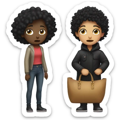  girl with black curly hair crying next to a thief with a bag sticker