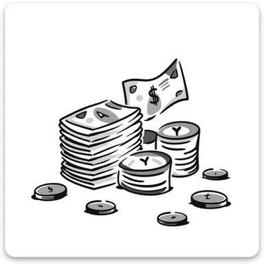 Money bills and coins, cash currency in pastel colors (dd9fb0, ffc6d3, a3bfc9, c4bee2, f1b091), hand-drawn doodle style sticker