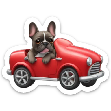 brindle french bulldog driving a red car sticker