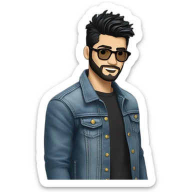 Generate an image of Zayn Malik looking effortlessly cool in a jean jacket, his black beard and hair impeccably styled, and donning a pair of trendy spectacles. sticker