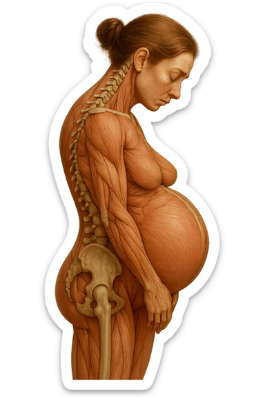 donna in gravidanza di profilo con spina dorsale in evidenza, postura storta, spalle chiuse in avanti, iperrealistica 4k sticker